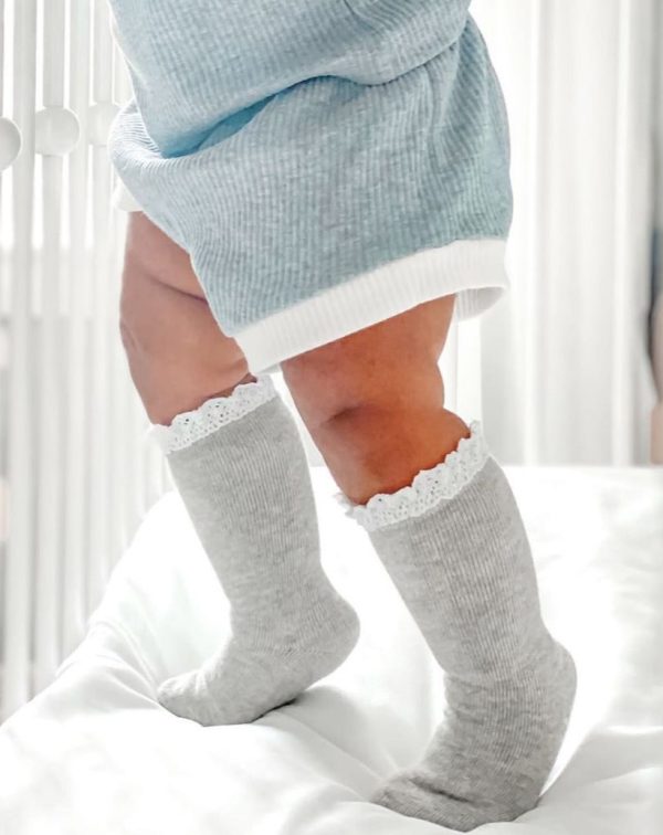 Gray + White Lace Top Knee Highs